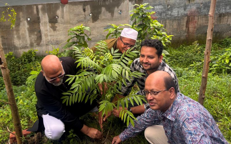 বৃক্ষরোপণ করছেন এম খালিদ মাহমুদ, তুহিনুর ইসলাম তুহিন, আবদুর রহমান ও আবদুর রহমান